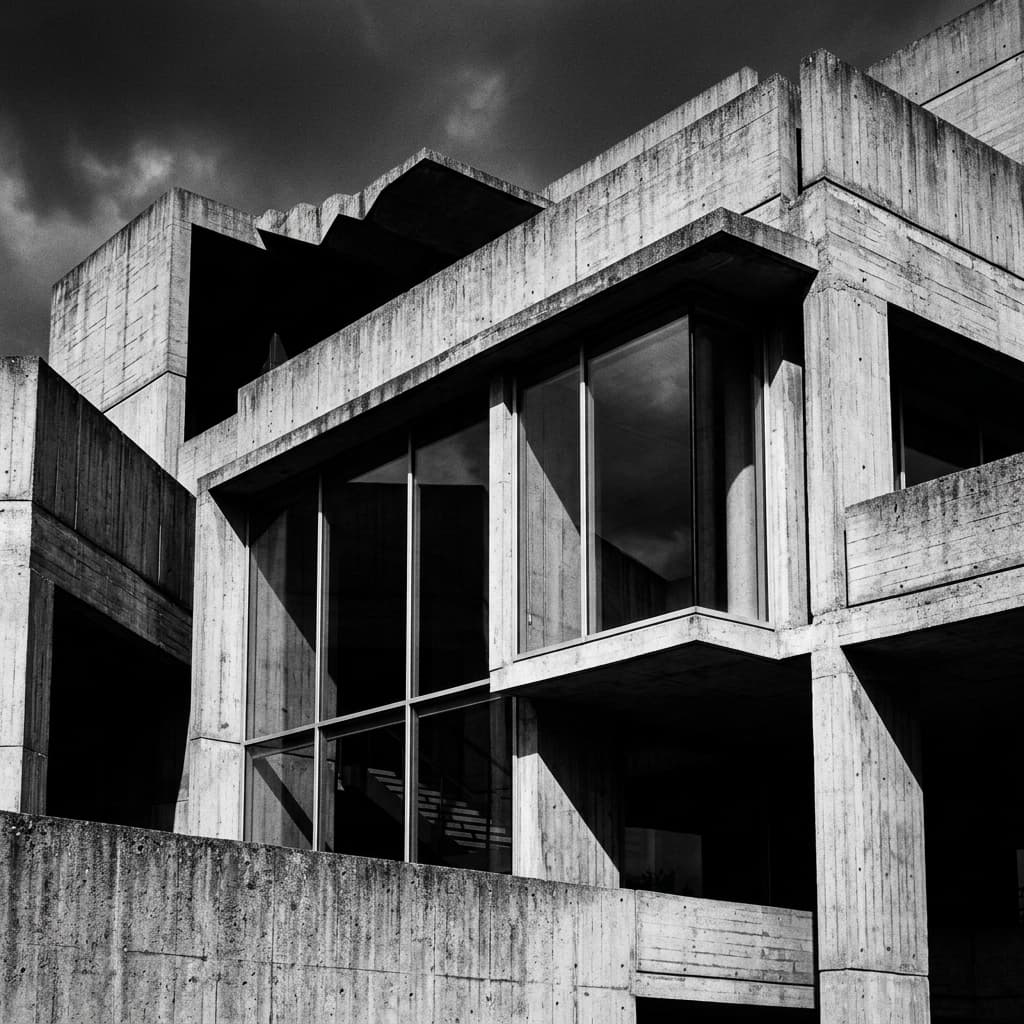Brutalist architectural concrete structures with strong shadows