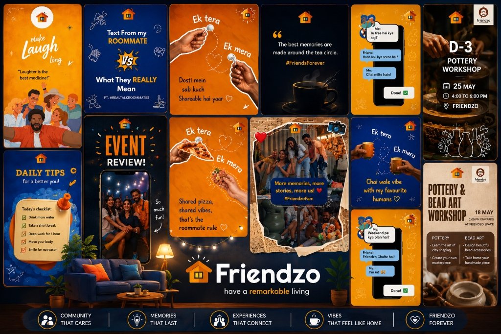 Friendzo co-living community content showcase collage
