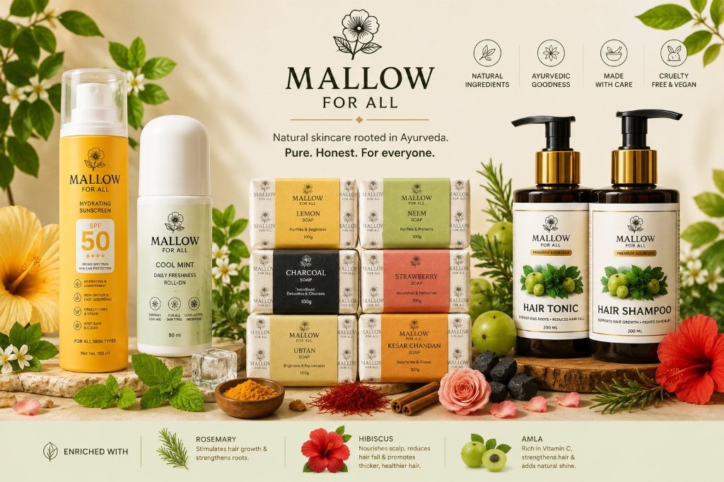 Mallow For All skincare products layout